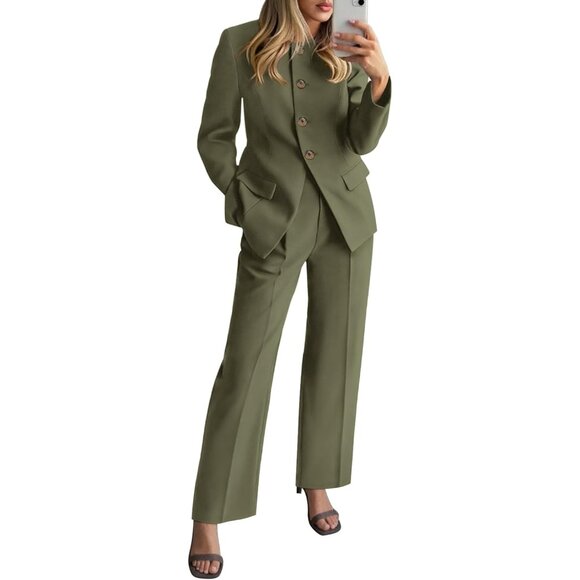 Women Two Piece Suit Set Blazer Long Sleeve Wide Leg Pants Business Casual